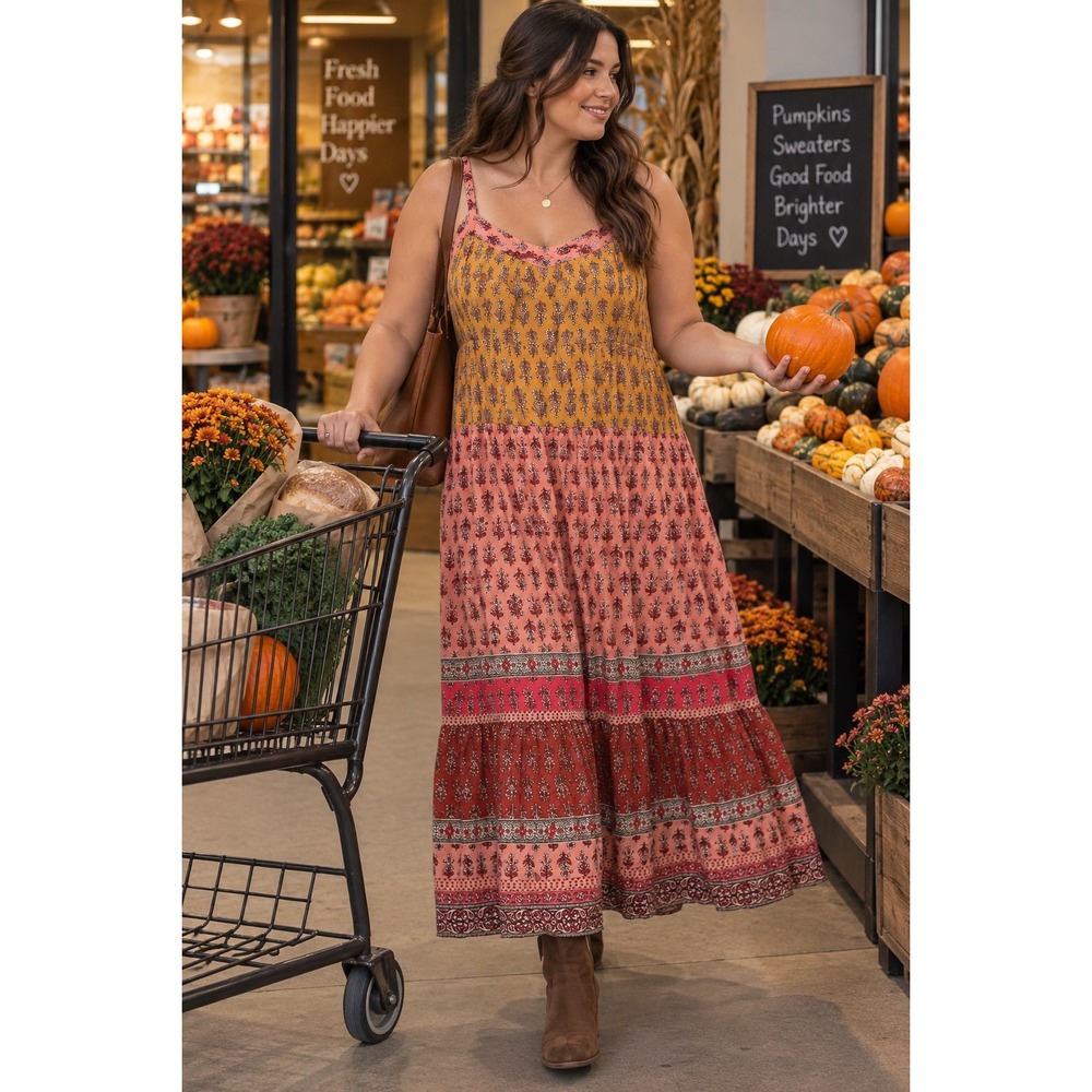 Knox Rose Womens XXL Multi Color Floral Block Print Tiered Maxi Dress Boho Rayon